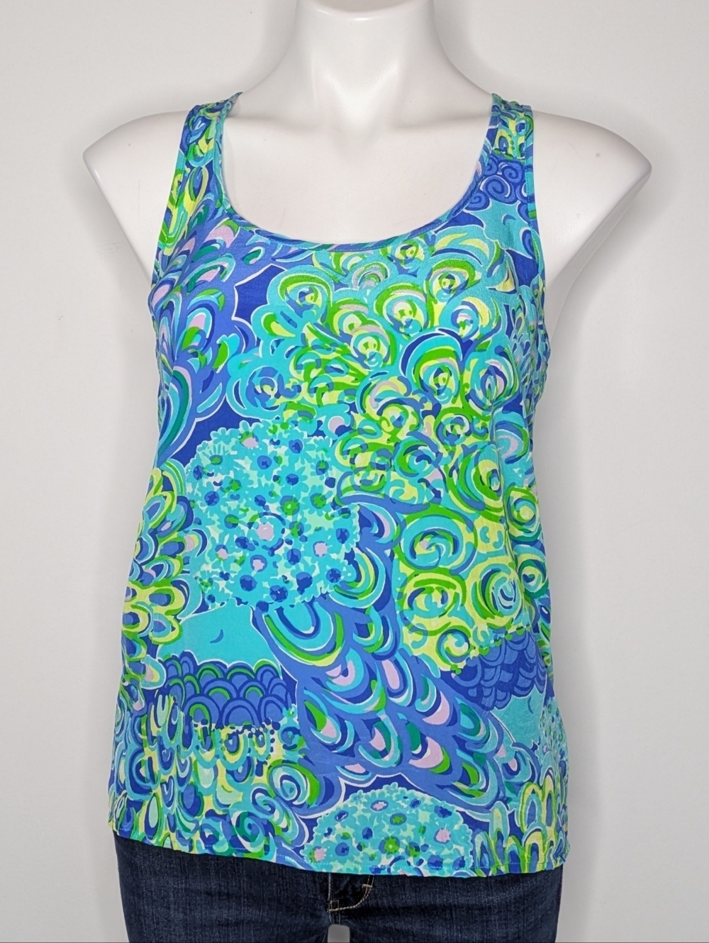 Lilly Pulitzer Aeriel Blue Green Zip Up Back Silk Tank Top Blouse S